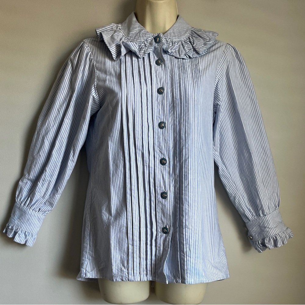 BURU Women’s Blue White Strip Peter Pan Ruffle Corpcore ButtonUp Preppy Shirt XS